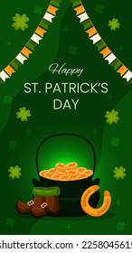 Vector vertical template greeting card for Saint Patrick's Day. Pot of gold coins, shoes, horseshoe, and clovers on green background illustration. Flyer for celebrate event and social media