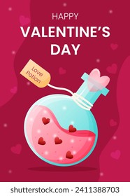Tarjeta de felicitación vertical de plantilla vectorial para el día de San Valentín. Botella de vidrio de poción de amor en la ilustración de fondo rosa. Volante para celebrar el evento y los medios sociales.