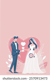 Vector vertical template of wedding or valentine's day card in gentle color palette. Man groom and woman bride. Lovers. Flat vector color illustration for poster, web banner, e-card and social network