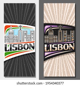 Vector vertical templates for Lisbon, decorative leaflets with illustration of european lisbon city scape on day and dusk sky background, art design tourist card with unique lettering for word lisbon.