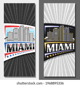 Vector vertical templates for Miami, decorative leaflets with illustration of american miami city scape on day and dusk sky background, art design tourist flyer with unique lettering for word miami.