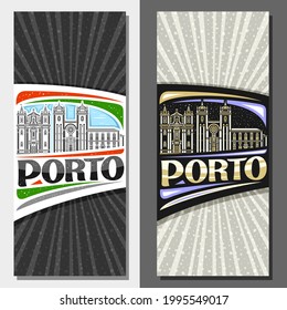 Vector vertical templates for Porto, decorative invitations with outline illustration of porto city scape on day and dusk sky background, art design tourist leaflet with unique letters for word porto.