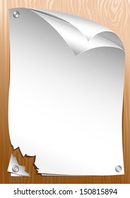 Vector vertical torn paper sheet pinned on wood.