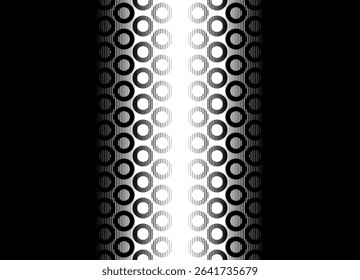 Vector vertical transition from black to white with abstract striped rings of thin lines. Modern vector background with space for text. Vector pattern.