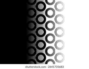 Vector vertical transition from black to white with abstract striped rings of thin lines. Modern vector background. Vector pattern.