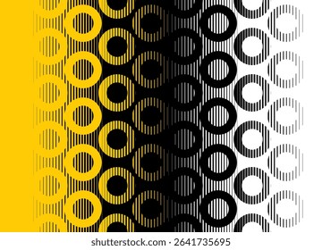 Vector vertical transition from yellow, black to white with abstract striped rings of thin lines. Modern vector background with space for text. Vector pattern.