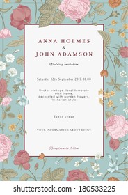 Vector vertical vintage floral wedding invitation card with frame of colorful garden flowers on mint background.