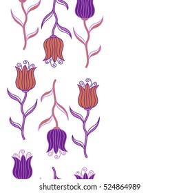 Vector vertical vintage watercolor tulips seamless pattern (hand drawn) in purple, orange and violet colors.
