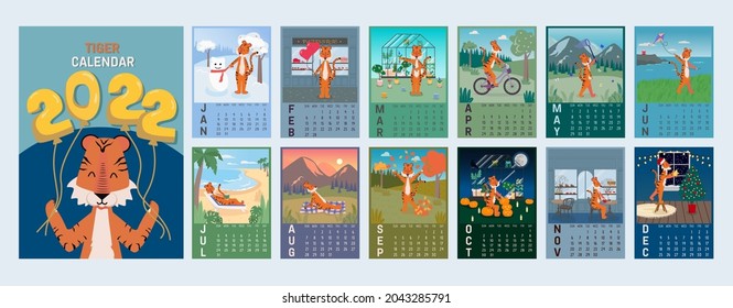 Vector vertical wall calendar template for 2022 A4 A3 A2 A5 format, with tiger symbol of the year. Cute tiger with monthly seasonal activity. Set of 12 pages of months and cover, week starts on Sunday