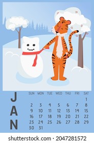 Vector vertical wall calendar template for January 2022 A4 A3 A2 A5 format, with cute tiger symbol of the year.Week starts on Sunday