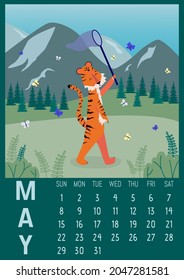 Vector vertical wall calendar template for May 2022 A4 A3 A2 A5 format, with cute tiger symbol of the year.Week starts on Sunday