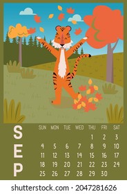 Vertikale Vektorwandkalender-Vorlage für September 2022 A4 A3 A2 A5, mit süßem Tigersymbol des Jahres.Woche beginnt am Sonntag