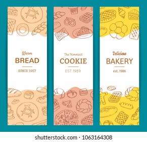 Vector vertical web banner templates with hand drawn doodle bakery elements and place for text