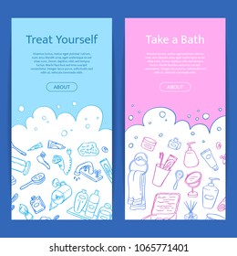 Vector vertical web banner templates with hand drawn doodle bathroom elements and place for text