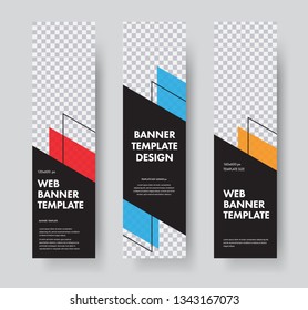 Vector vertical web banner templates with diagonal elements for photo and stroke. Design in black standard size. Set
