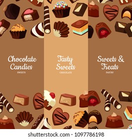 Vector vertical web banners or poster illustration with cartoon chocolate candies