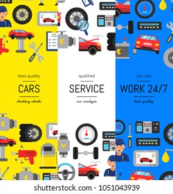 Vector vertical web poster banners illustration with flat style car service elements. Page template car service