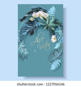 Vector vertical wedding invitation card with blue, turquoise tropical leaves and orchid flowers. Fantastic botany design for wedding ceremony. Can be used for cosmetics, beauty salon