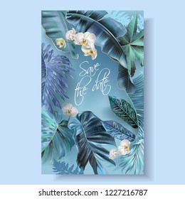 Vector vertical wedding invitation card with blue, turquoise, purple tropical leaves and orchid flowers. Save the date botany design for wedding ceremony. Can be used for cosmetics, beauty salon