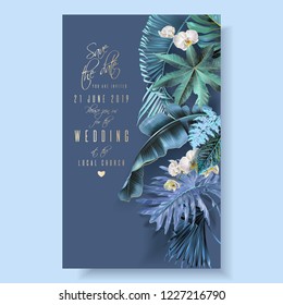 Vector vertical wedding invitation card with blue, turquoise, purple tropical leaves and orchid flowers. Save the date botany design for wedding ceremony. Can be used for cosmetics, beauty salon