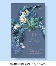 Vector vertical wedding invitation card with blue, turquoise, purple tropical leaves and orchid flowers. R.S.V.P. fantastic botany design for wedding ceremony. Can be used for cosmetics, beauty salon