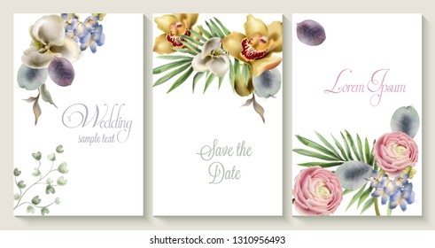 Vector Vertical wedding invitation card set with orchid flowers. Save the date botany design for wedding ceremony. Cosmetics brochure. beauty salon spring templates