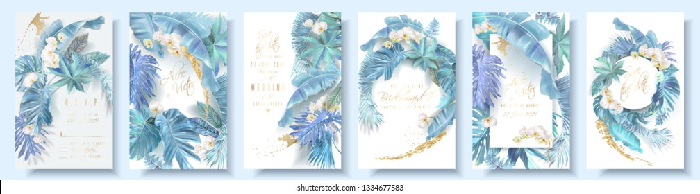 Vector vertical wedding invitation card set with light blue tropical leaves and orchid flowers. Save the date and R.S.V.P. botany design for wedding ceremony. Can be used for cosmetics, beauty salon