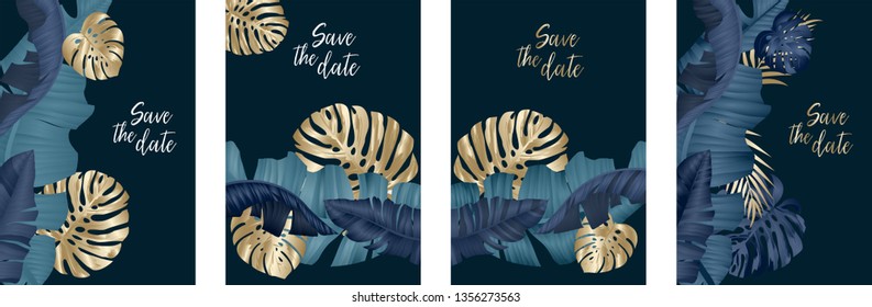 Vector vertical wedding invitation cards set with tropical leaves on  background. Luxury exotic botanical design for wedding ceremony. Can be used for cosmetics, spa, beauty salon