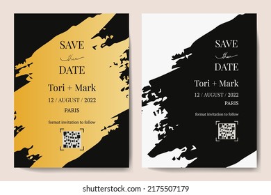 Vector vertical wedding invitation cards set with black and gold texture on dark background. Luxury exotic design for wedding ceremony