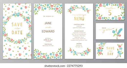 Vector vertical wedding invitation cards set with rose and blue flowers and green leaves on white background. Simple botanical design for wedding ceremony. Can be used for cosmetics, spa, beauty salon