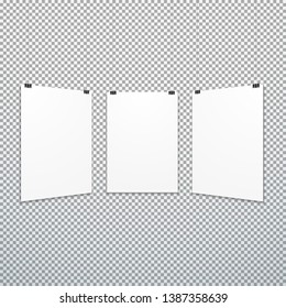 vector vertical white empty poster set suspended on office clamps mock up realistic shadow blank template isolated neutral light background
