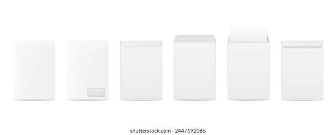 Vector Vertical White Envelopes with Blank Letter. Folded, Unfolded Isolated Envelope Set. Design Template. Message, Notification, Mailing, Surprise or Congratulations Concept