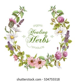 Vector vertical wild flowers and herbs banner. Design for herbal tea, natural cosmetics, health care products, homeopathy. With place for text.