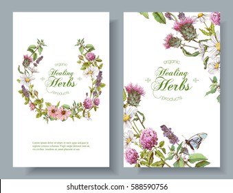 Vector vertical wild flowers and herbs banners. Design for herbal tea, natural cosmetics, perfume, health care products, aromatherapy. Can be used as boho style wedding invitation. With place for text