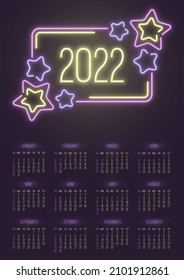 Vector vertical year 2022 calendar with purple and yellow outline neon stars on a dark background. A3, A2 poster with luminous linear geometric shapes and festive glowing frame