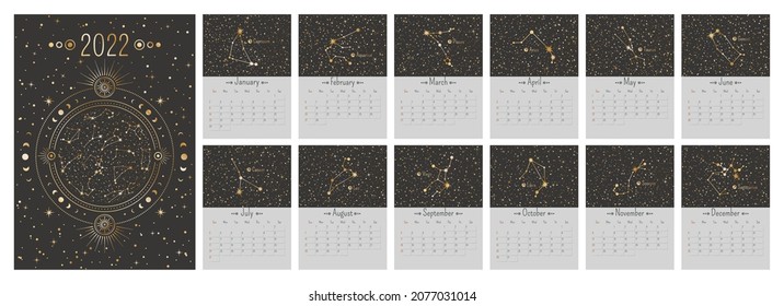 Vector vertical year 2022 loose leaf celestial calendar with ornate golden zodiac circle and stars on a cover. A3, A2 twelve months planner with horoscope constellations and astronomical symbols.