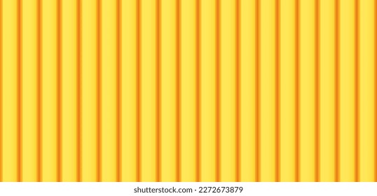 Vector de línea vertical amarilla de pared de metal sin soldadura. Textura 3d del lado plástico. Fondo metálico de la valla rayada naranja. Plantilla de construcción del techo. Tablero ondulado metálico