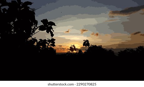 vector, very beautiful nature landscape at dusk, silhouette
