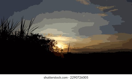 vector, very beautiful nature landscape at dusk, silhouette