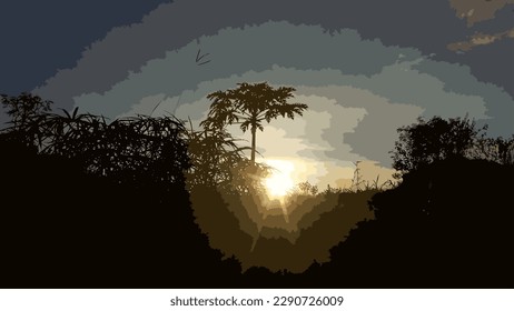 vector, very beautiful nature landscape at dusk, silhouette
