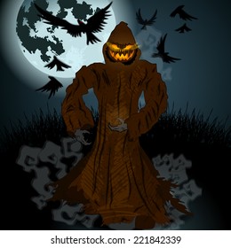 Vector very detailed, dark, hand drawn style, Halloween illustration with Jack O'Lantern, full Moon and crows