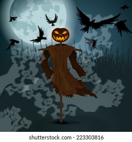 Vector very detailed, dark, hand drawn style, Halloween illustration with evil scarecrow, full Moon and crows