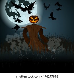 Vector very detailed, dark, hand drawn style, Halloween illustration with evil scarecrow, full Moon and crows