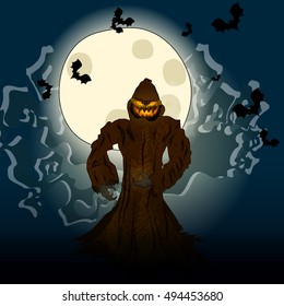 Vector very detailed, dark, hand drawn style, Halloween illustration with Jack O'Lantern, full Moon and bats