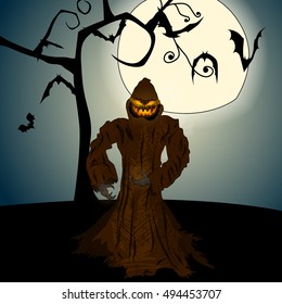 Vector very detailed, dark, hand drawn style, Halloween illustration with Jack O'Lantern, full Moon and bats