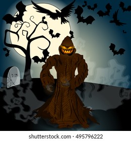 Vector very detailed, dark, hand drawn style, Halloween illustration with Jack O'Lantern, full Moon and bats