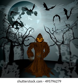 Vector very detailed, dark, hand drawn style, Halloween illustration with Jack O'Lantern, full Moon and bats