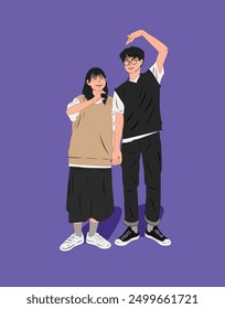 vector of a very happy and romantic male and female couple, this couple is posing forming love with their hands, this couple is also wearing nice clothes and the current trend.