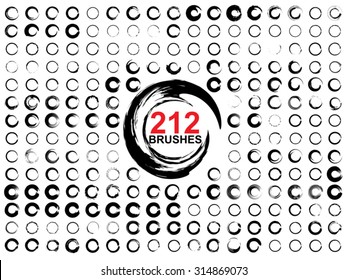 Vector very large collection or set of 212 black paint hand made creative round circle brush strokes isolated on white background, metaphor to art, grunge, grungy, graffiti, education, abstract design