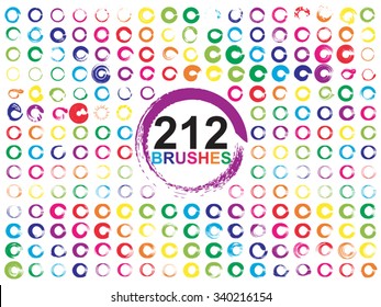 Vector very large collection or set of 212 colorful multicolored paint hand creative round circle brush stroke isolated on white background, metaphor to art, grunge, grungy, education, abstract design